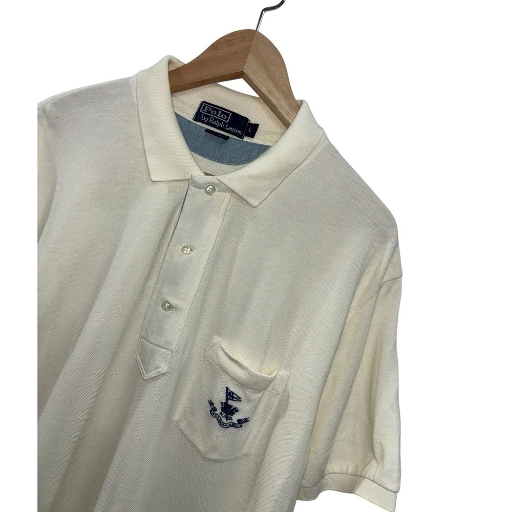 VTG Polo Ralph Lauren HMS Shirt Mens L Cream Ivory Nautical Crest 90s‎ Pique